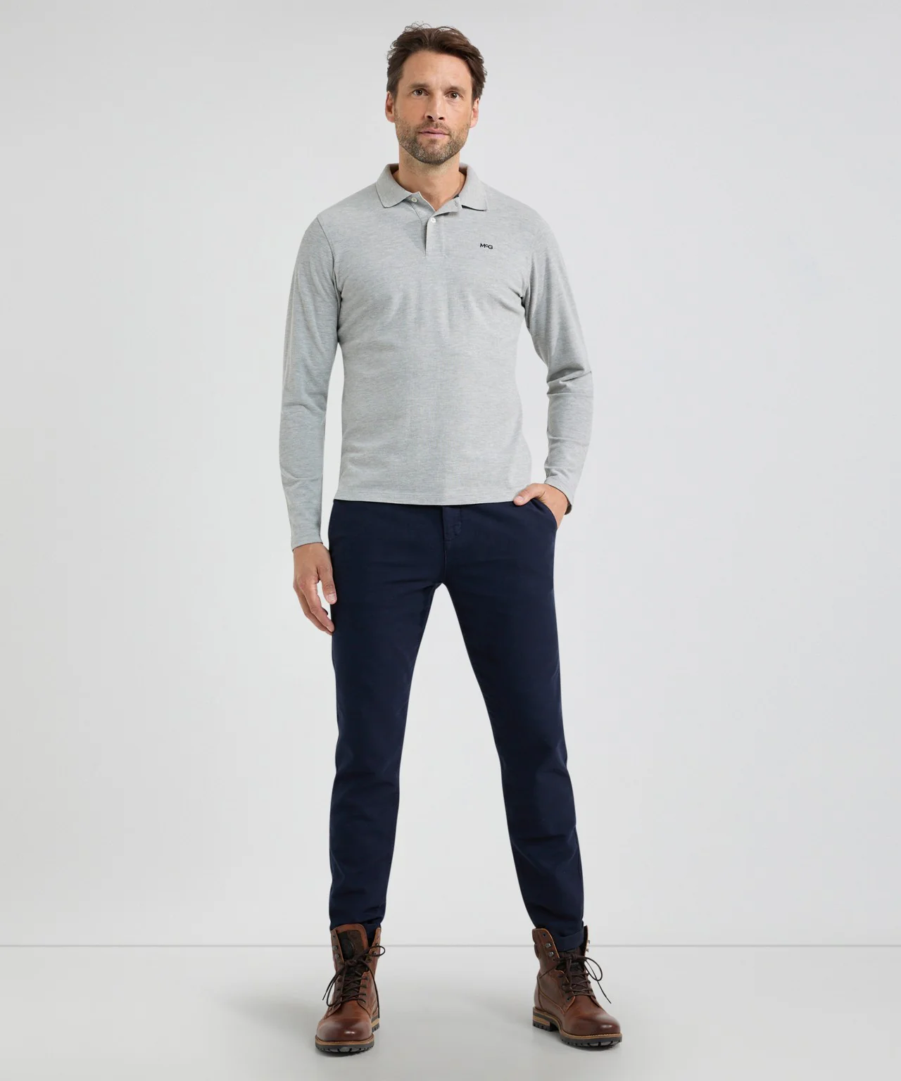 Polo piqué lange mouw | Medium Grey Melange - Image 3